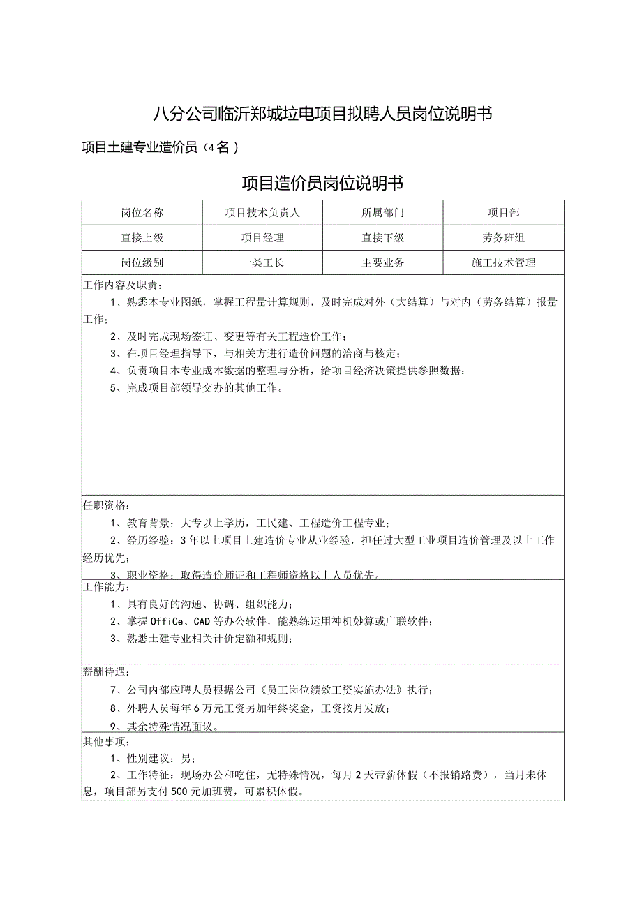 八分公司山东垃电项目拟聘人员岗位说明书.docx_第3页