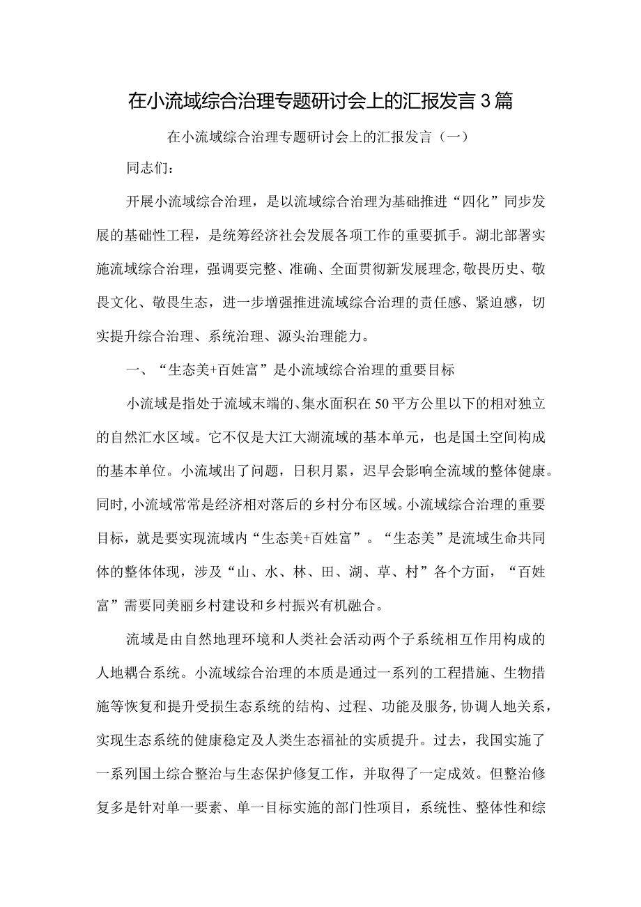 在小流域综合治理专题研讨会上的汇报发言3篇.docx_第1页