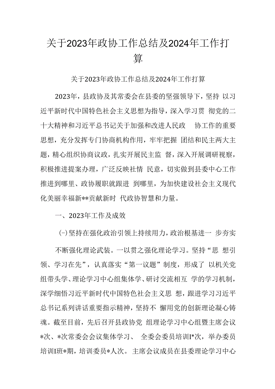 关于2023年政协工作总结及2024年工作打算.docx_第1页