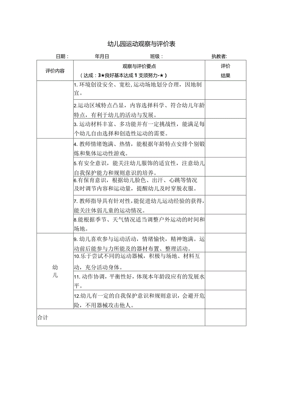 幼儿园户外运动观察与评价表.docx_第1页