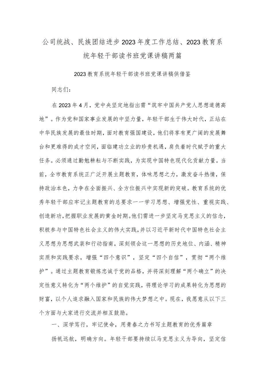 公司统战、民族团结进步2023年度工作总结、2023教育系统年轻干部读书班党课讲稿两篇.docx_第1页