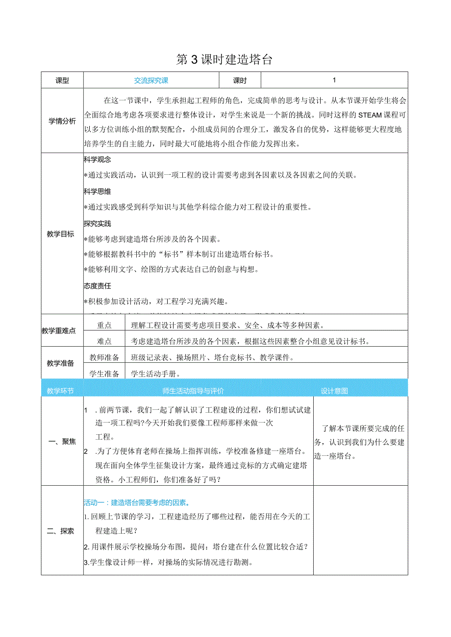 建造塔台核心素养目标教案表格式新教科版科学六年级下册.docx_第1页