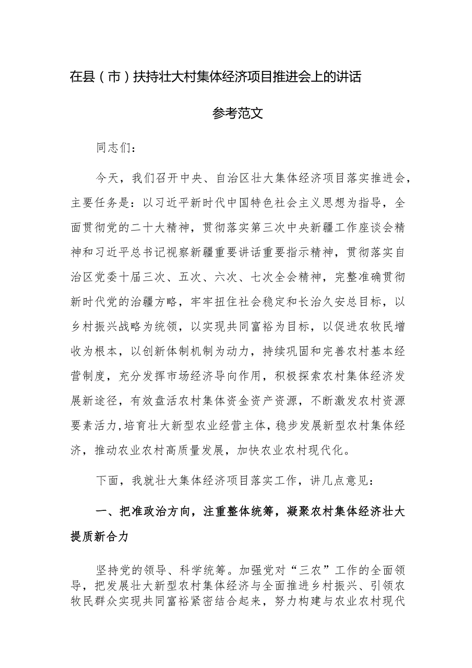 在县（市）扶持壮大村集体经济项目推进会上的讲话参考范文.docx_第1页