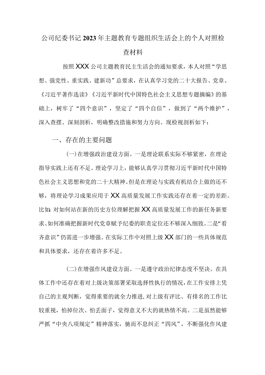 公司纪委书记2023年主题教育专题组织生活会上的个人对照检查材料.docx_第1页