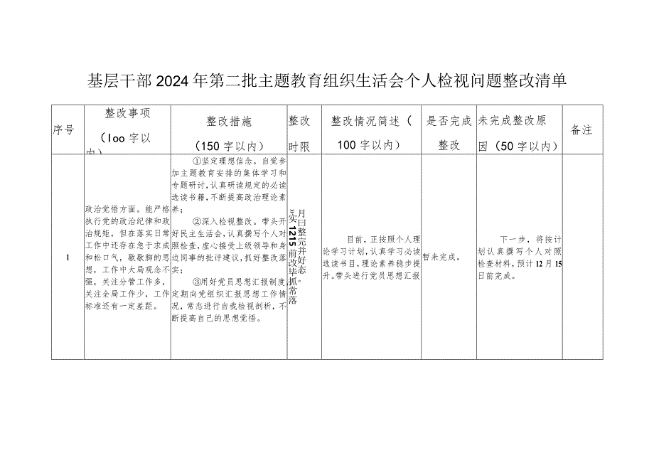 基层干部2024年第二批主题教育组织生活会个人检视问题整改清单.docx_第1页