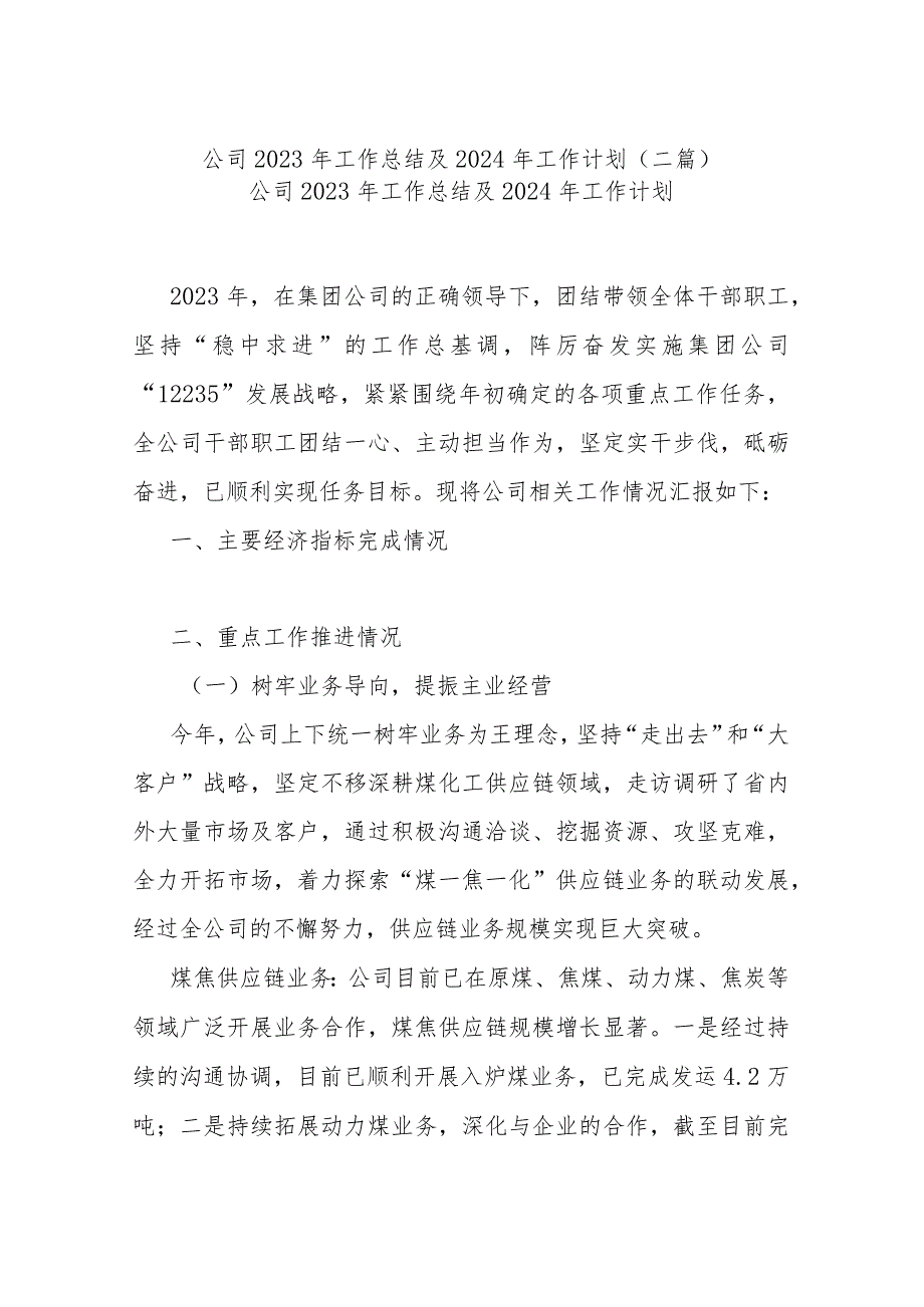 公司2023年工作总结及2024年工作计划(二篇).docx_第1页