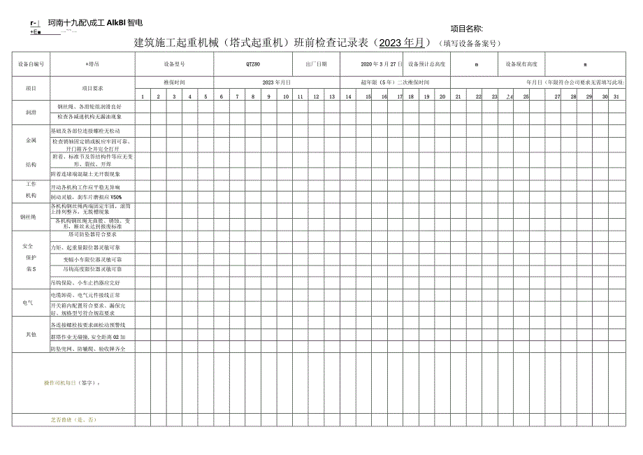 建筑施工起重机械（塔式起重机）日常检查记录表.docx_第1页