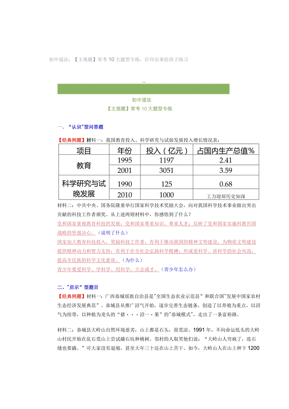 初中道法：【主观题】常考10大题型专练打印出来给孩子练习.docx_第1页