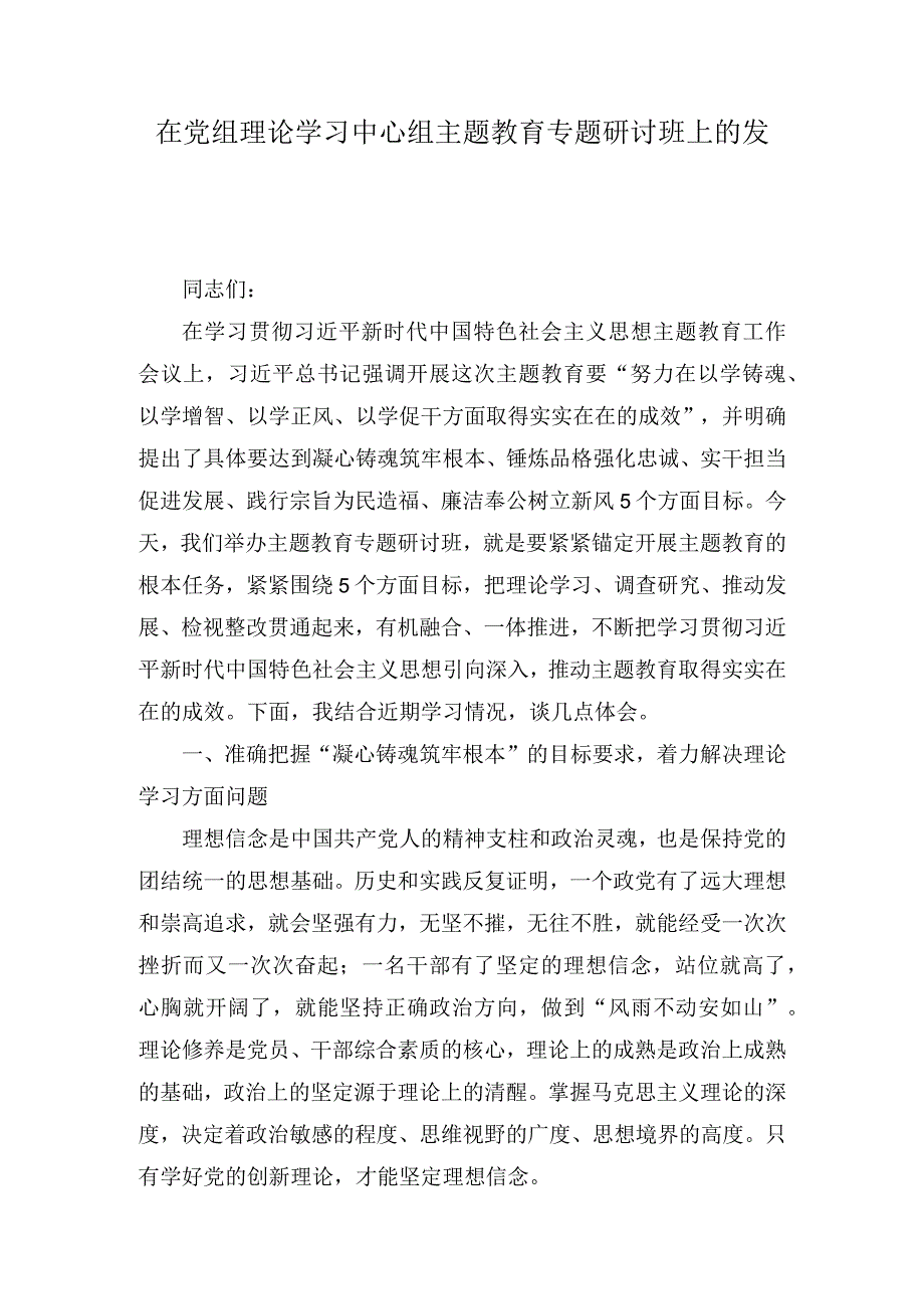 在党组理论学习中心组主题教育专题研讨班上的发言（2篇）.docx_第1页