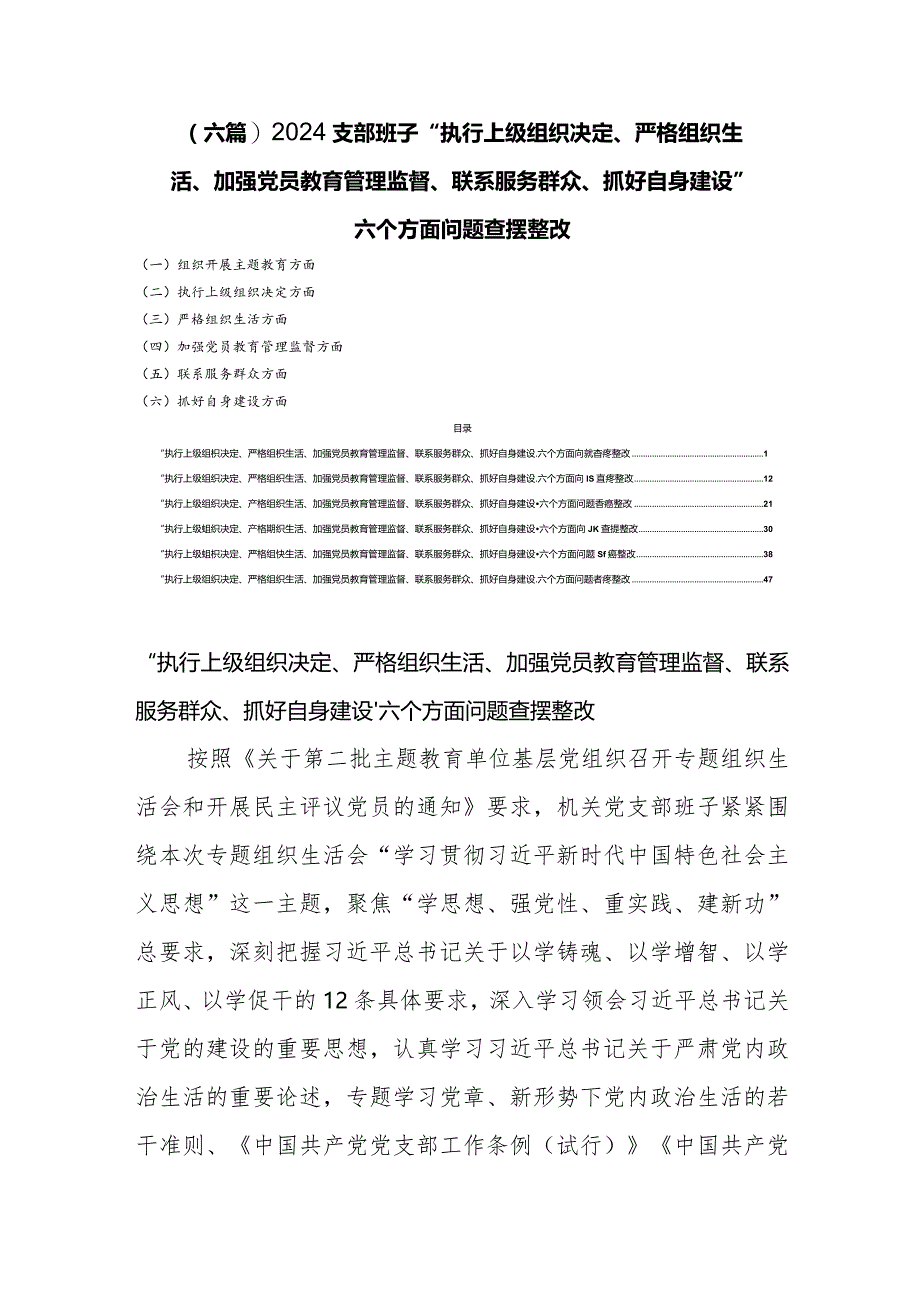 (六篇)2024支部班子“执行上级组织决定、严格组织生活、加强党员教育管理监督、联系服务群众、抓好自身建设”六个方面问题查摆整改.docx_第1页