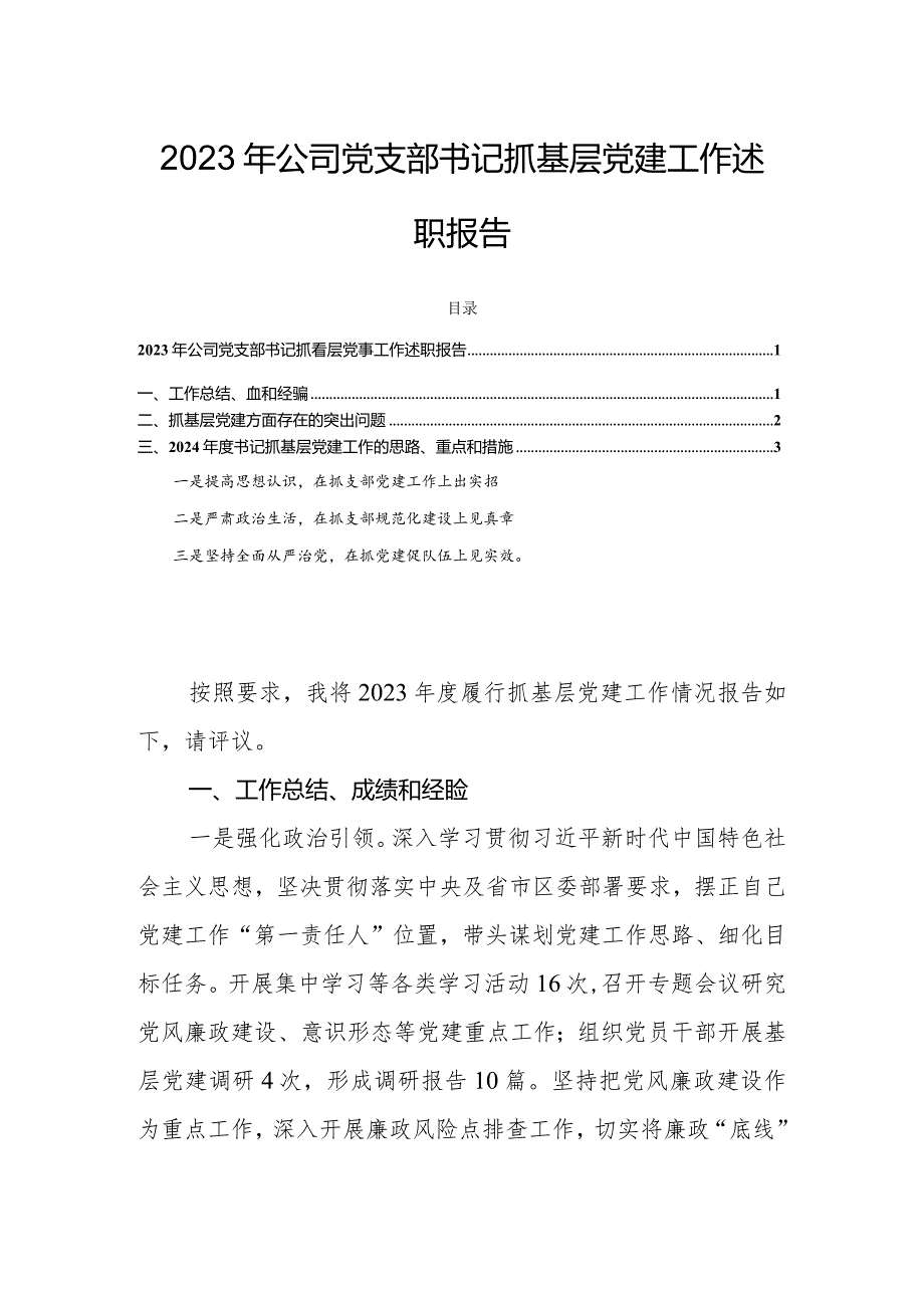 2023年公司党支部书记抓基层党建工作述职报告.docx_第1页