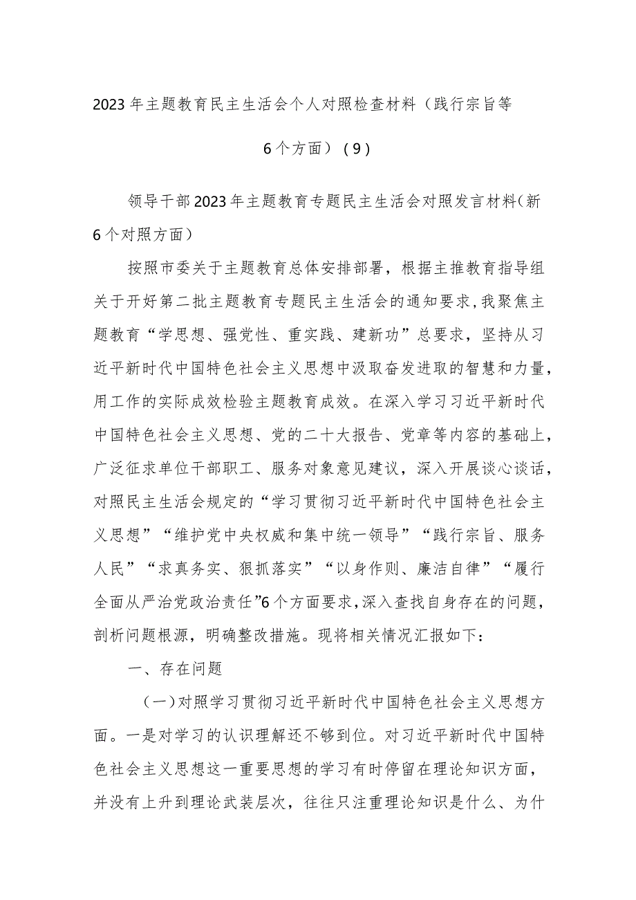 2023年主题教育民主生活会个人对照检查材料（践行宗旨等6个方面）(9).docx_第1页