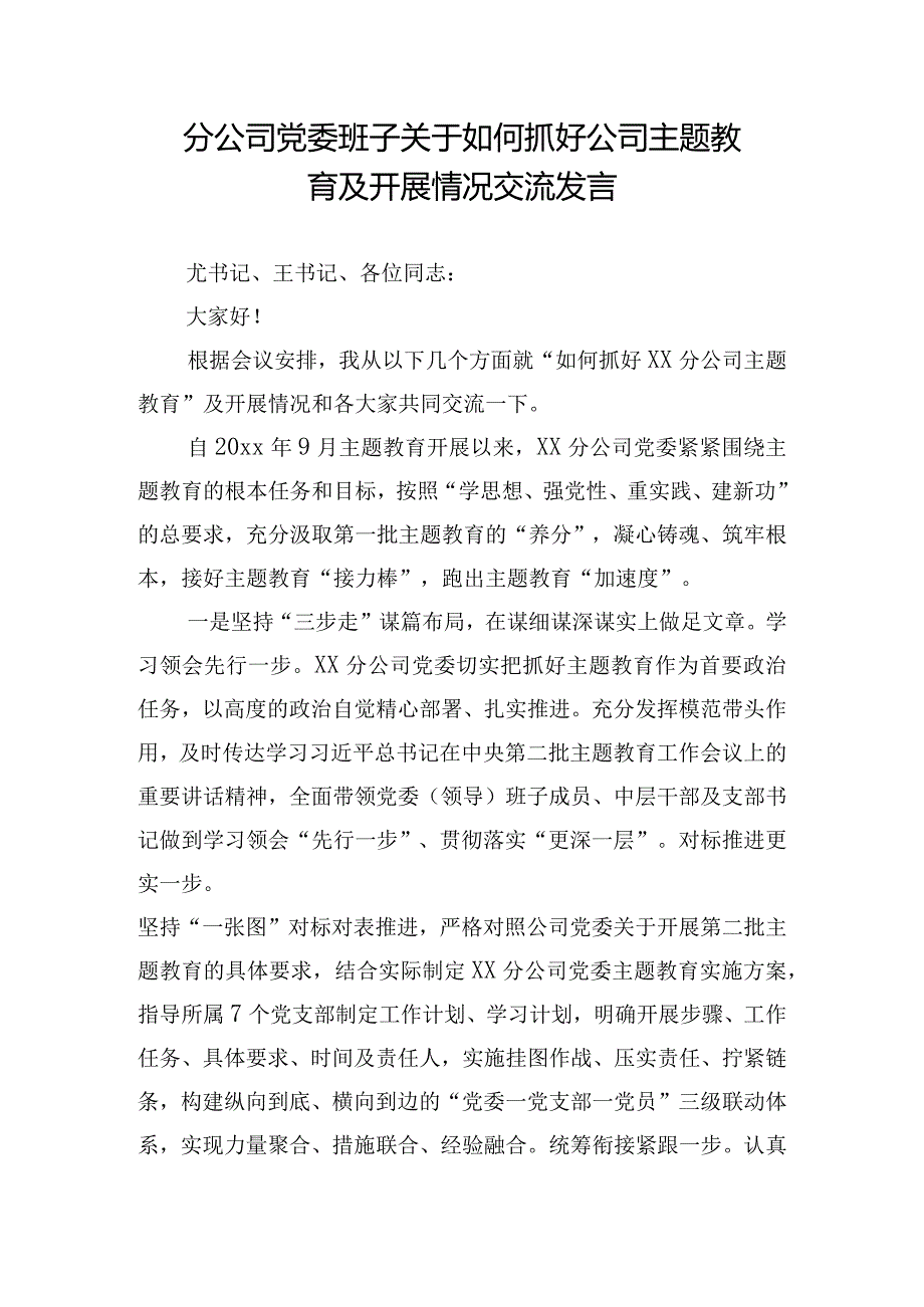 分公司党委班子关于如何抓好公司主题教育及开展情况交流发言.docx_第1页