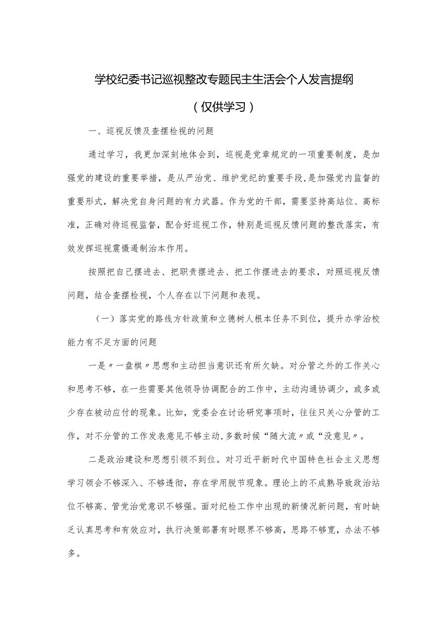 学校纪委书记巡视整改专题民主生活会个人发言提纲.docx_第1页