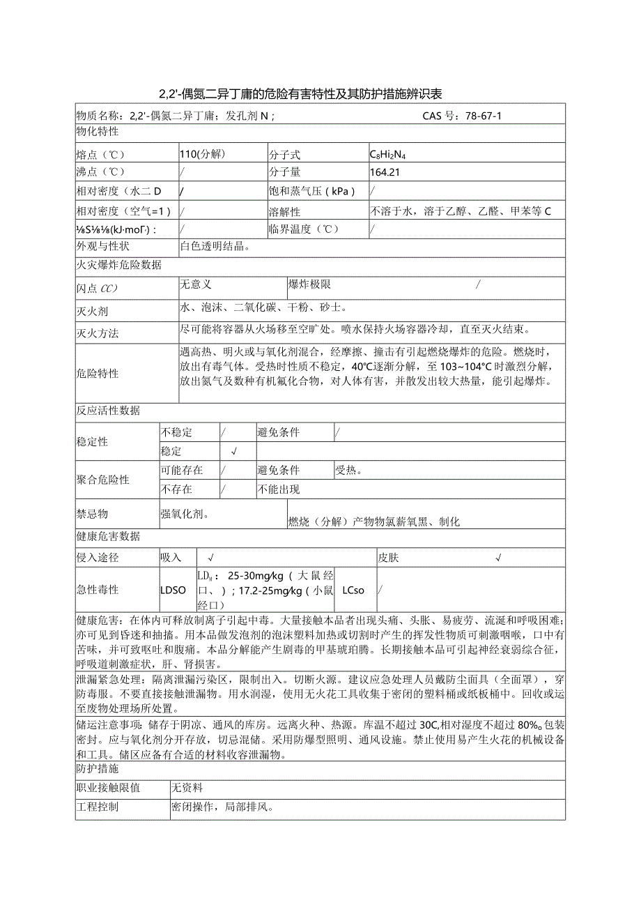 2,2'-偶氮二异丁腈的危险有害特性及其防护措施辨识表.docx_第1页