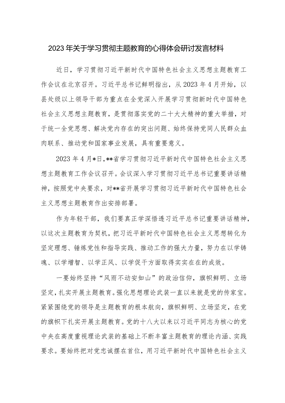 2023年关于学习贯彻主题教育的心得体会研讨发言材料四篇.docx_第1页