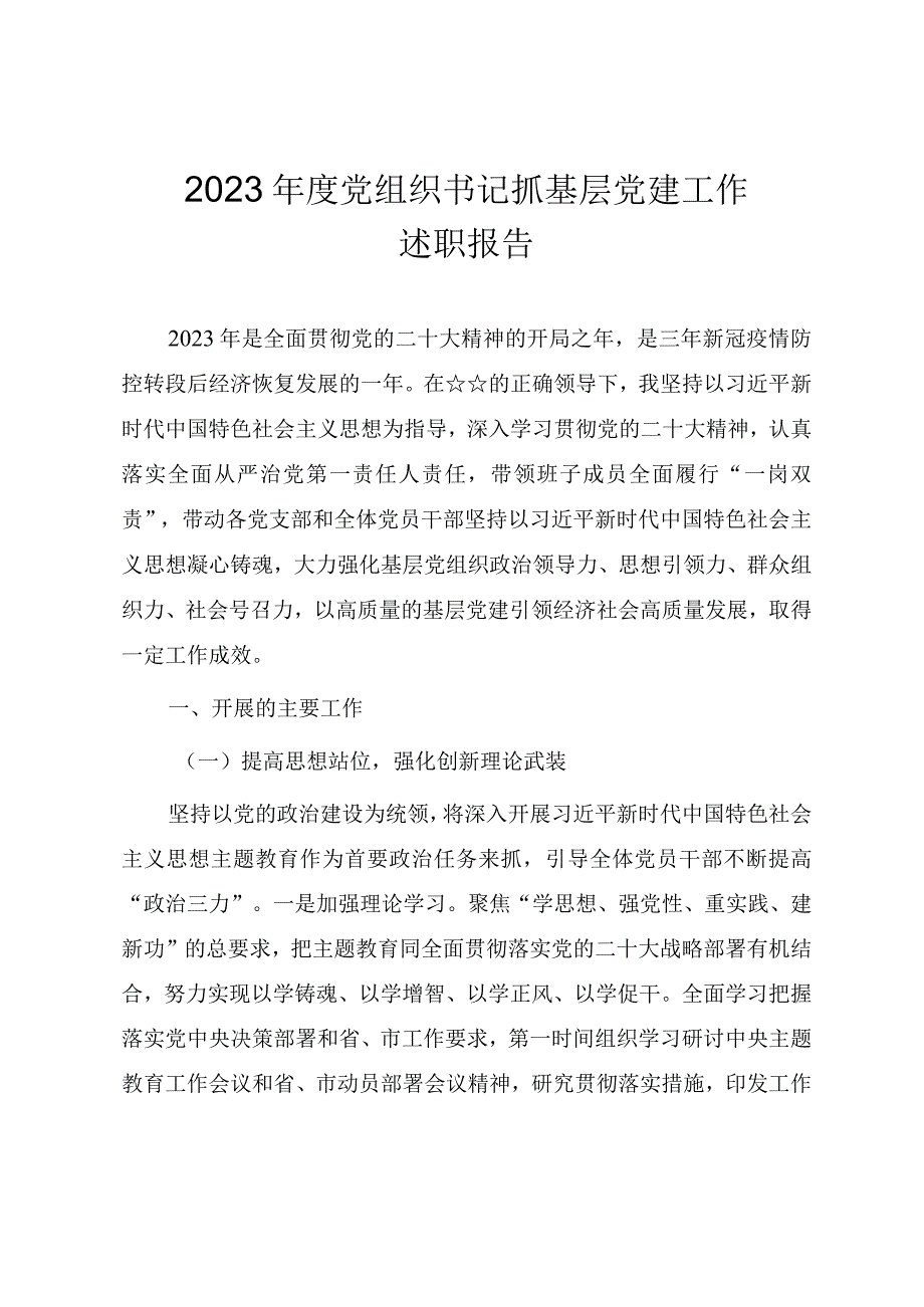 2023年度党组织书记抓基层党建工作述职报告（参考范文）.docx_第1页