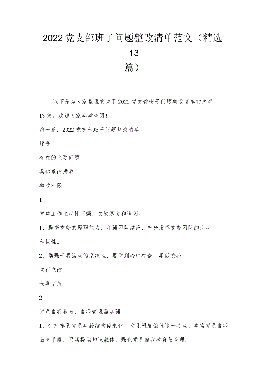 2022党支部班子问题整改清单范文(精选13篇).docx_第1页