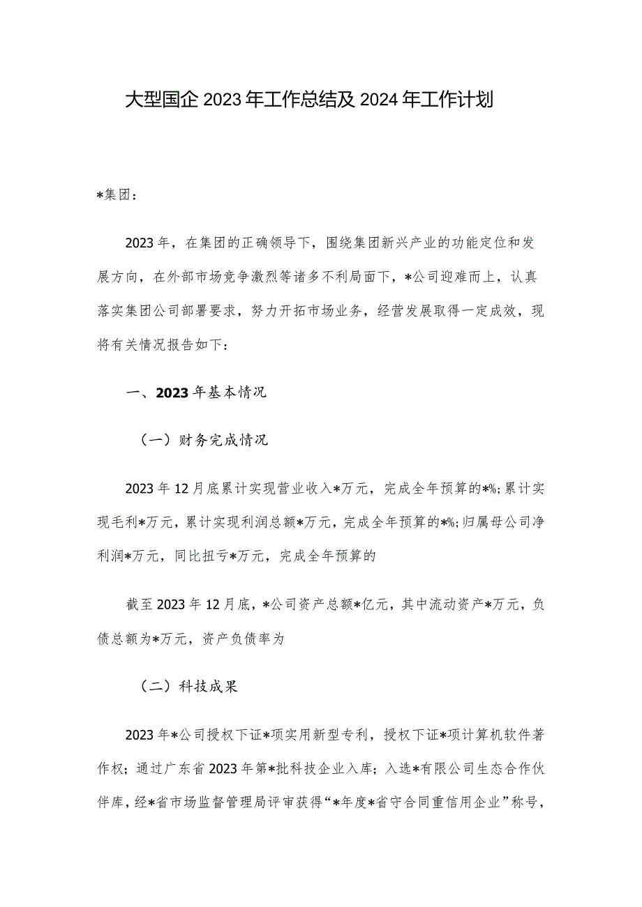 大型国企2023年工作总结及2024年工作计划.docx_第1页