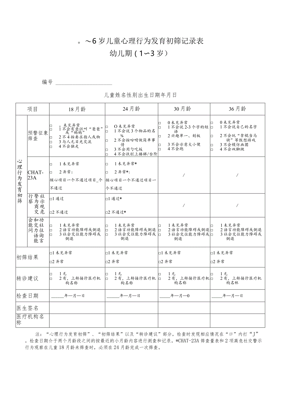 0～6岁儿童心理行为发育初筛记录表幼儿期（0-3岁）.docx_第1页