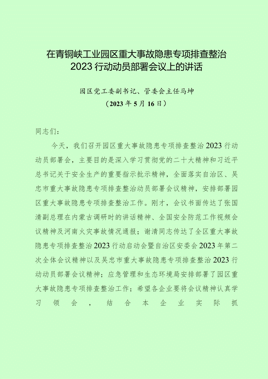 在青铜峡工业园区重大事故隐患专项排查整治2023行动动员部署会议上的讲话.docx_第1页