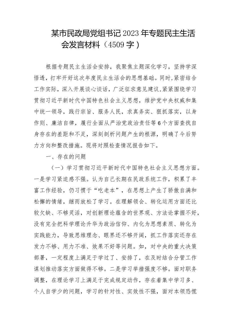 2023年主题教育专题民主生活会个人对照检查民政（践行宗旨等6个方面+案例剖析+上年度整改+个人事项）.docx_第1页