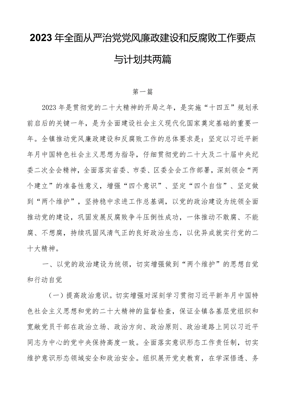 2023年全面从严治党党风廉政建设和反腐败工作要点与计划共两篇.docx_第1页