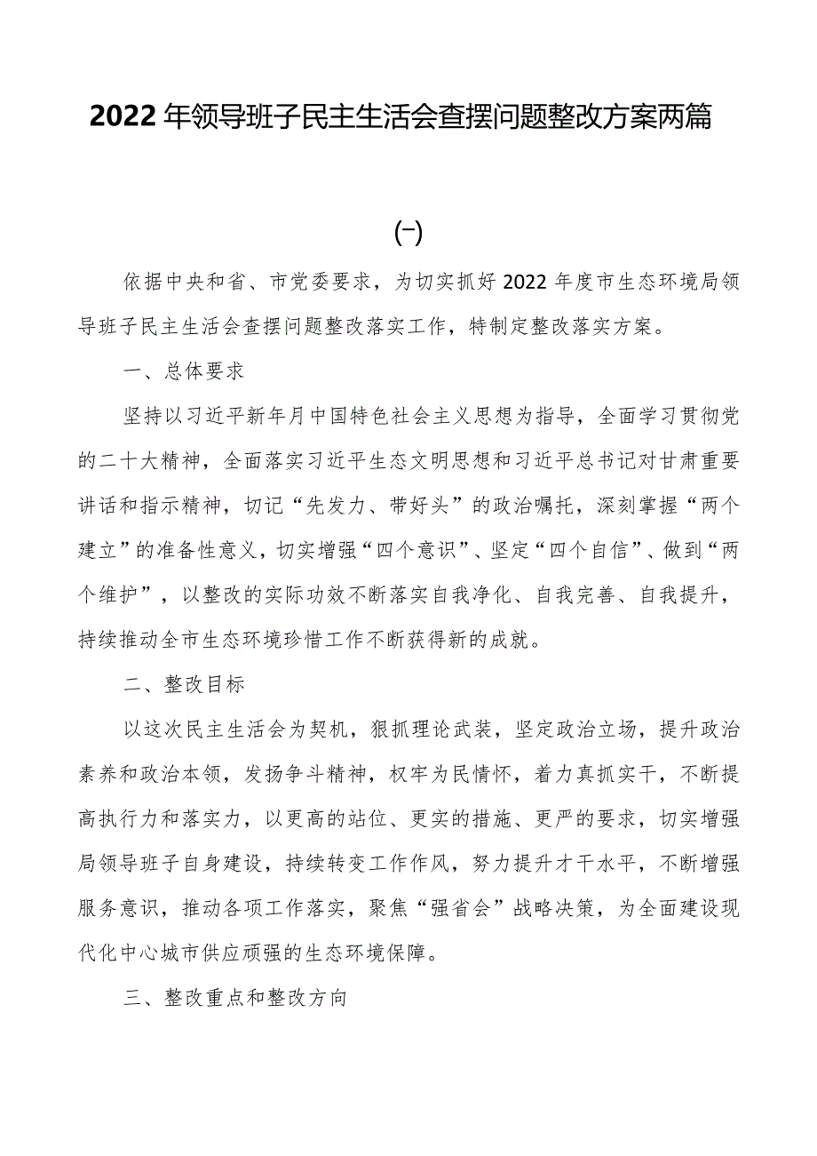 2022年领导班子民主生活会查摆问题整改方案两篇.docx_第1页