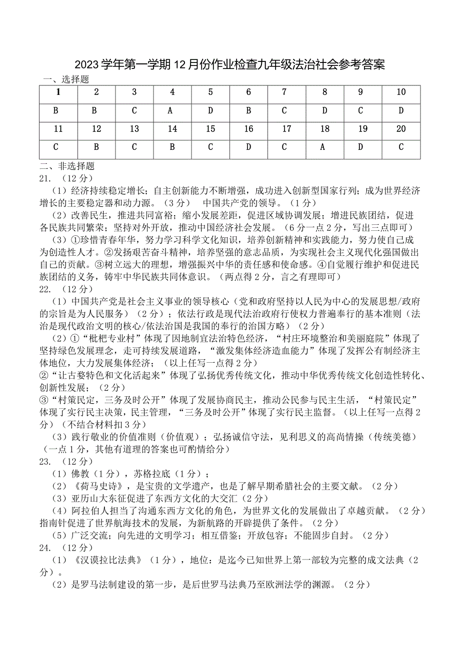 2023学年第一学期12月份作业检查九年级法治社会参考答案.docx_第1页