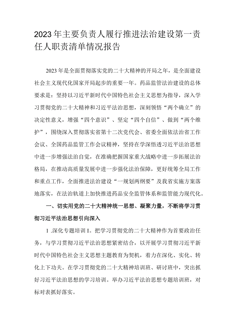 2023年主要负责人履行推进法治建设第一责任人职责清单情况报告.docx_第1页