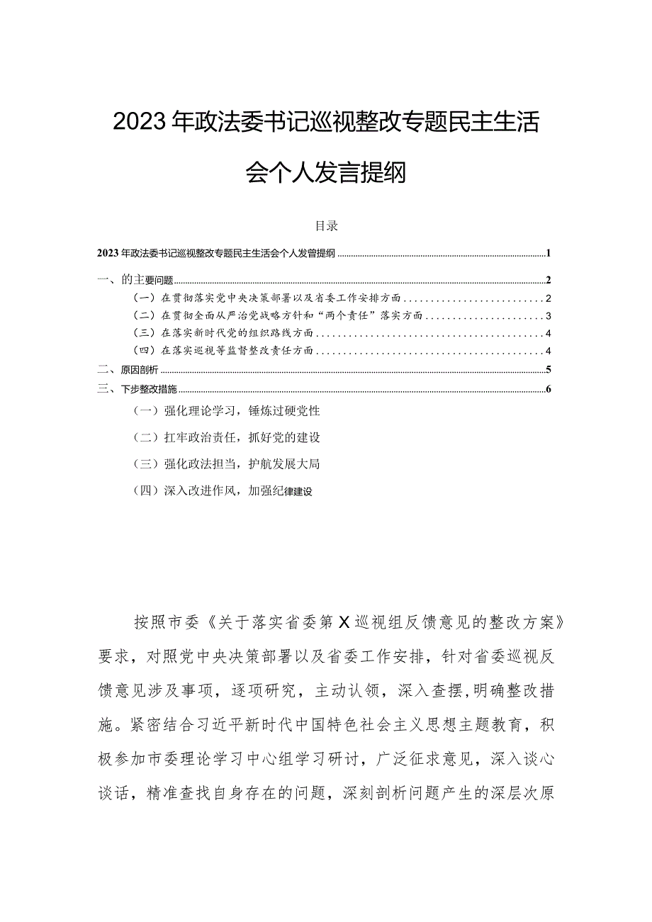 2023年政法委书记巡视整改专题民主生活会个人发言提纲.docx_第1页