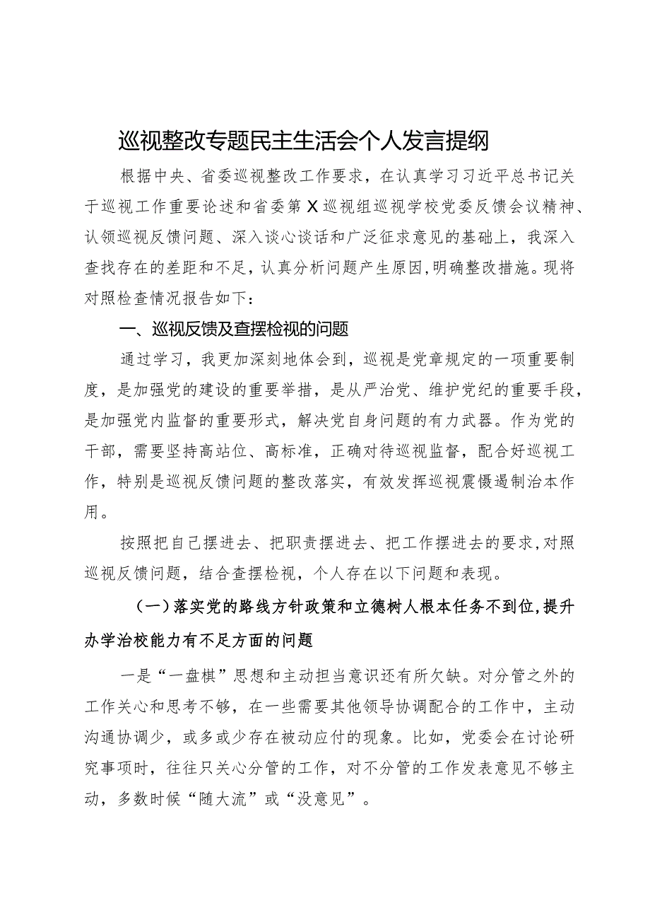 学校纪委书记巡视整改专题民主生活会个人发言提纲.docx_第1页