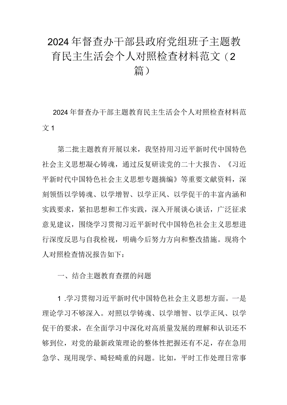 2024年督查办干部县政府党组班子主题教育民主生活会个人对照检查材料范文(2篇).docx_第1页