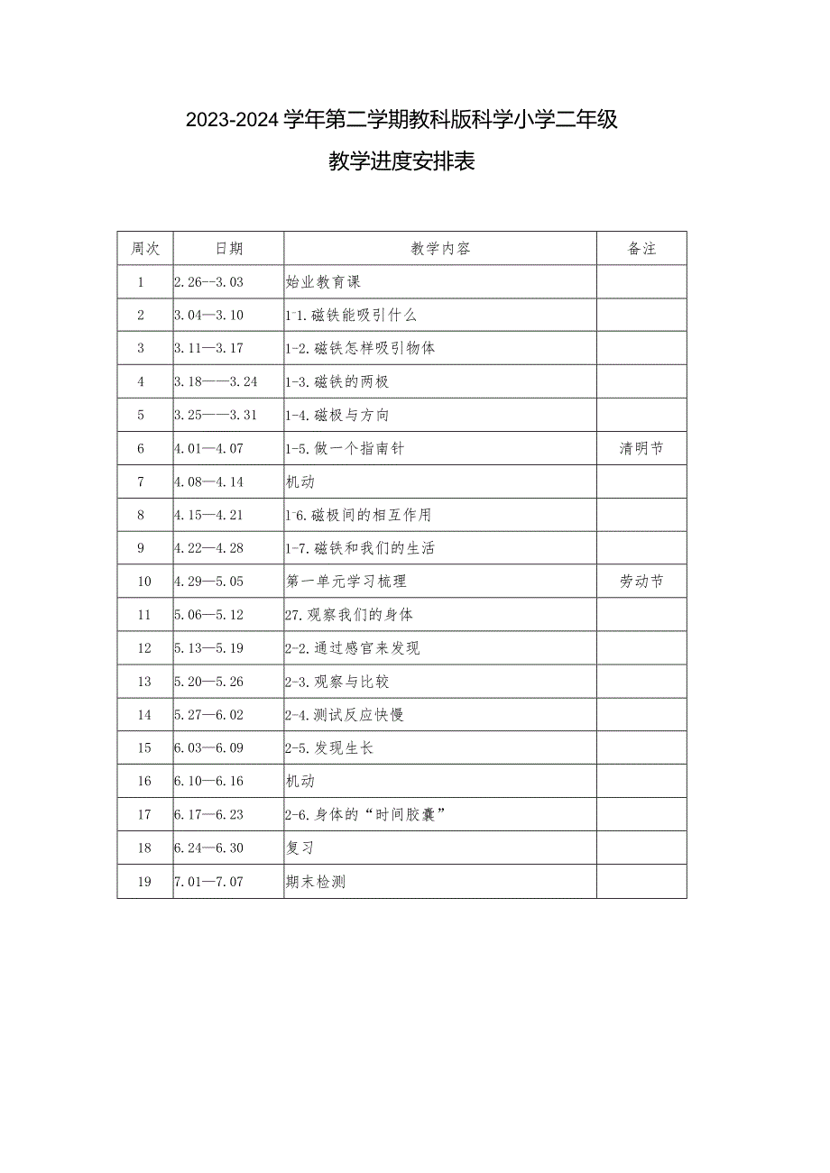 2023-2024学年第二学期教科版科学小学二年级教学进度安排表.docx_第1页