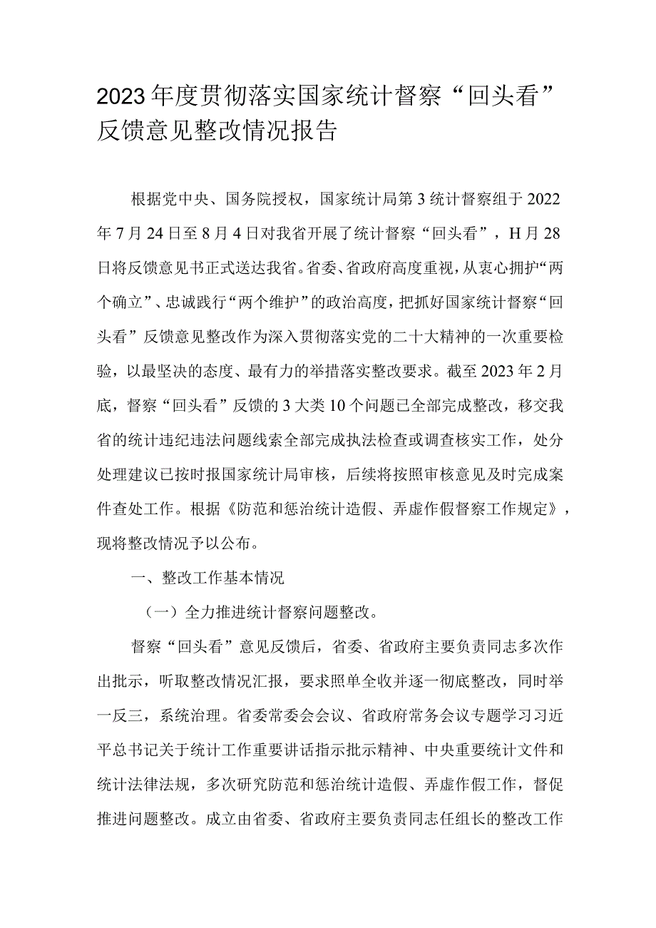 2023年度贯彻落实国家统计督察“回头看”反馈意见整改情况报告.docx_第1页