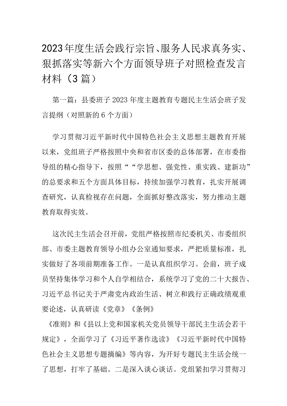 2023年度生活会践行宗旨、服务人民求真务实、狠抓落实等新六个方面领导班子对照检查发言材料（3篇）.docx_第1页