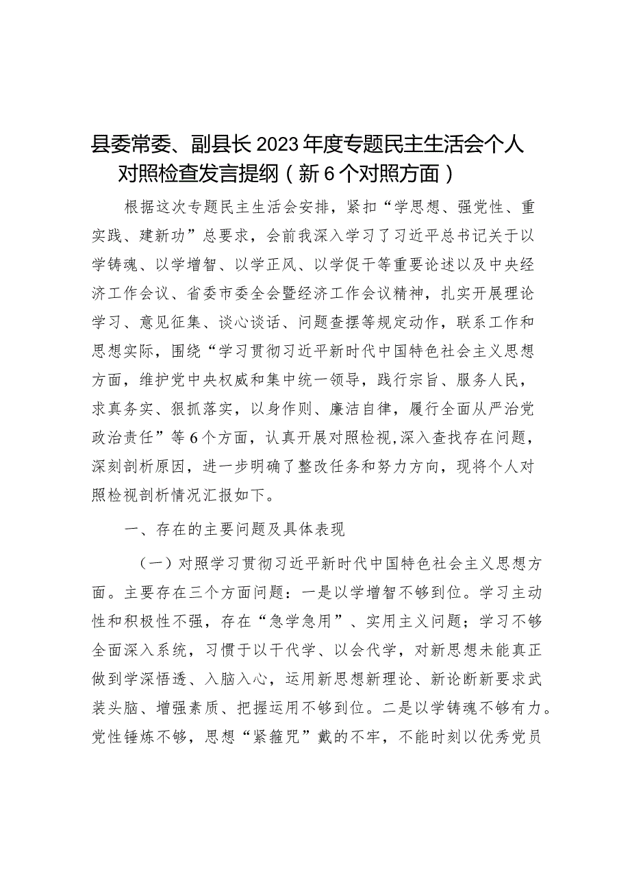 2023年主题教育专题民主生活会个人对照检查发言提纲（副县长）（新6个方面）.docx_第1页