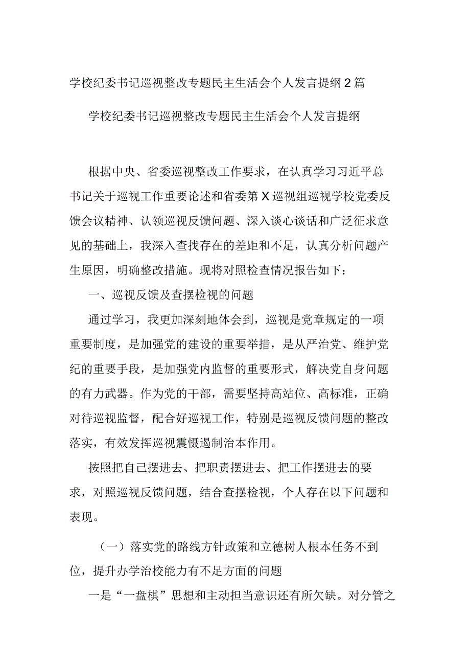 学校纪委书记巡视整改专题民主生活会个人发言提纲2篇.docx_第1页