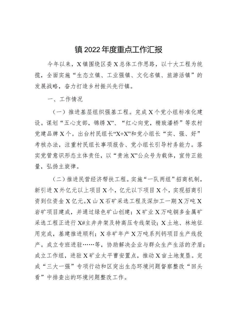 2022年度重点工作汇报：镇2022年度重点工作汇报.docx_第1页