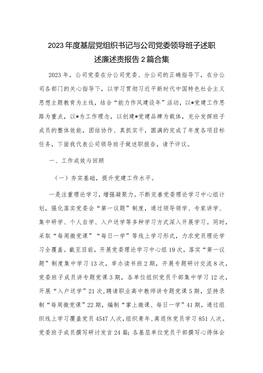 2023年度基层党组织书记与公司党委领导班子述职述廉述责报告2篇合集.docx_第1页