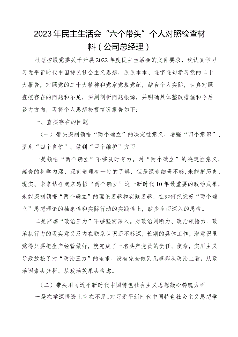 2023年民主生活会六个带头个人对照检查2022年度六个方面两个确立思想凝心铸魂全面领导改革发展稳定斗争精神从严治党责任等方面集团企业党.docx_第1页