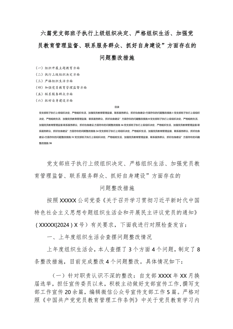 六篇党支部班子执行上级组织决定、严格组织生活、加强党员教育管理监督、联系服务群众、抓好自身建设”方面存在的问题整改措施.docx_第1页