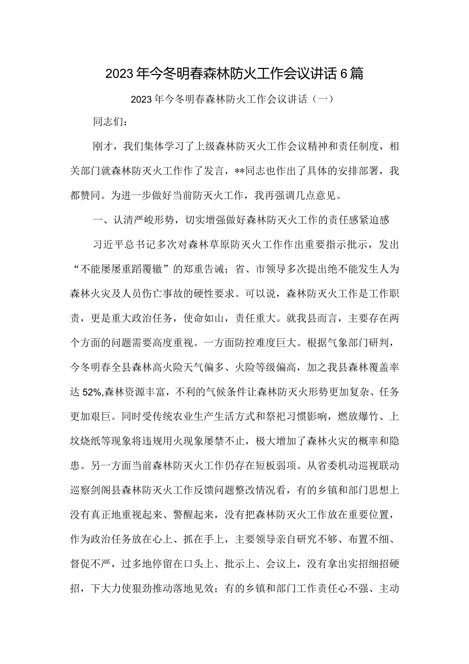 2023年今冬明春森林防火工作会议讲话6篇.docx_第1页