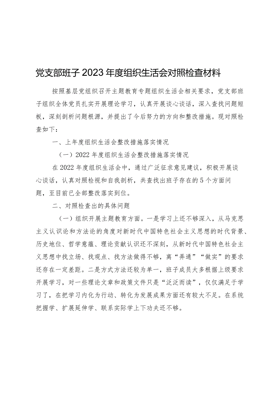 党支部班子2023-2024年度组织生活会班子对照检查材料.docx_第1页