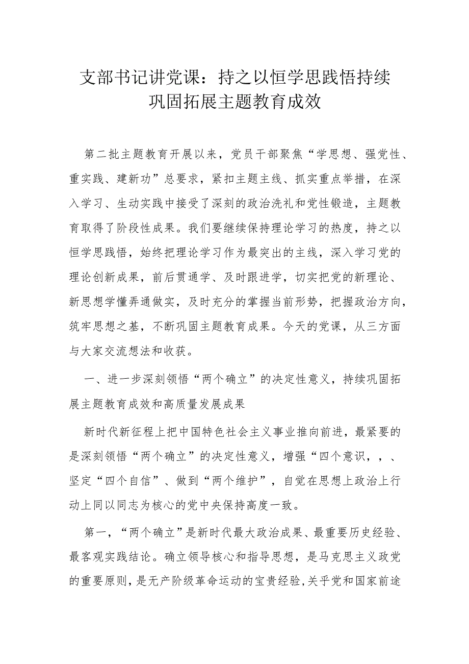 支部书记讲党课：持之以恒学思践悟持续巩固拓展主题教育成效.docx_第1页