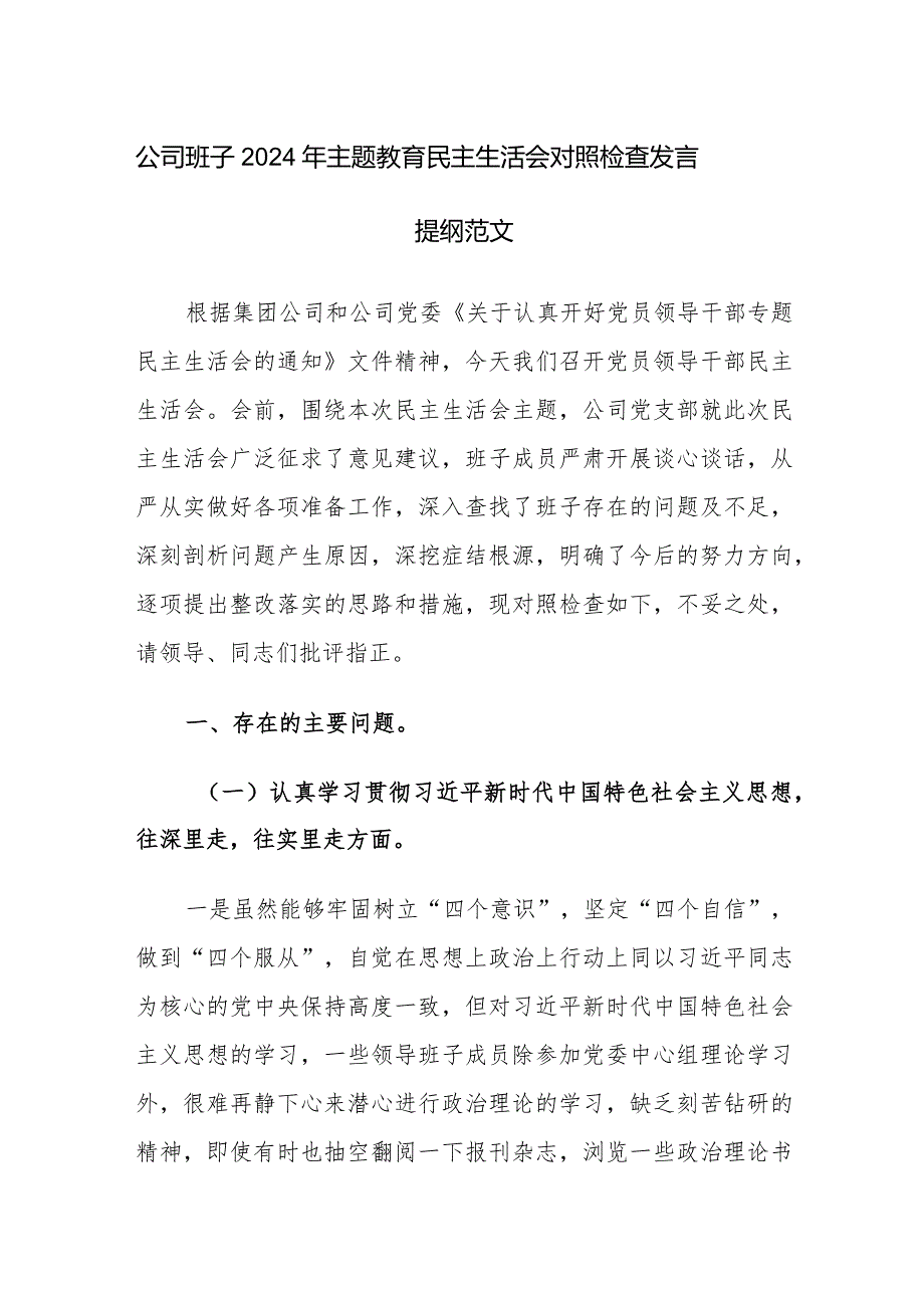 公司班子2024年主题教育民主生活会对照检查发言提纲范文.docx_第1页