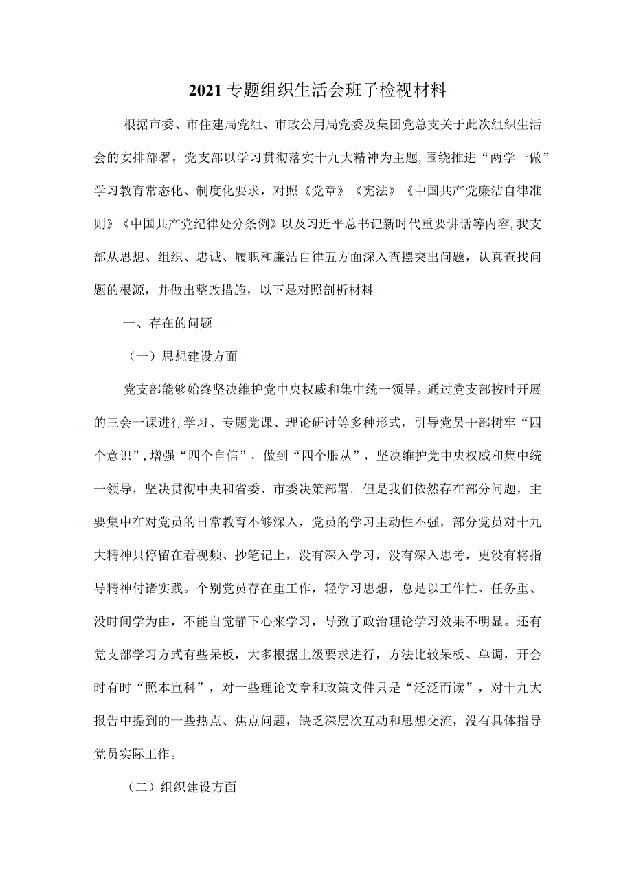 2021专题组织生活会班子检视材料二.docx_第1页