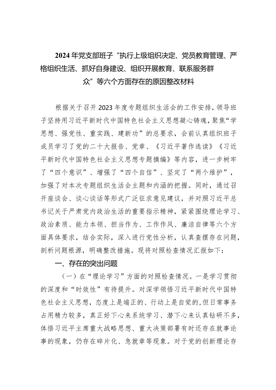 2024年党支部班子“执行上级组织决定、党员教育管理、严格组织生活、抓好自身建设、组织开展教育、联系服务群众”等六个方面存在的原因整.docx_第1页