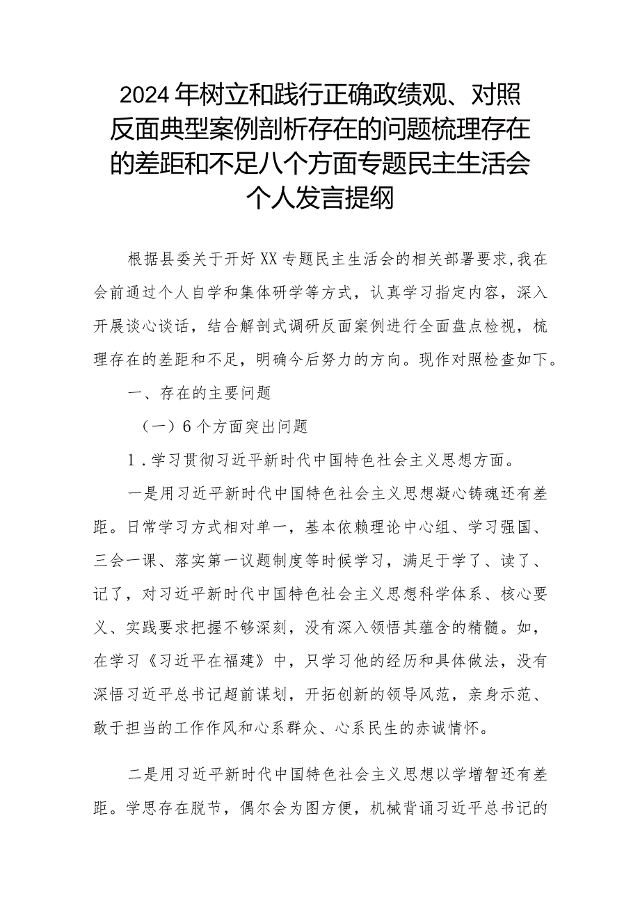 2024年树立和践行正确政绩观、对照反面典型案例剖析存在的问题梳理存在的差距和不足八个方面专题民主生活会个人发言提纲.docx_第1页