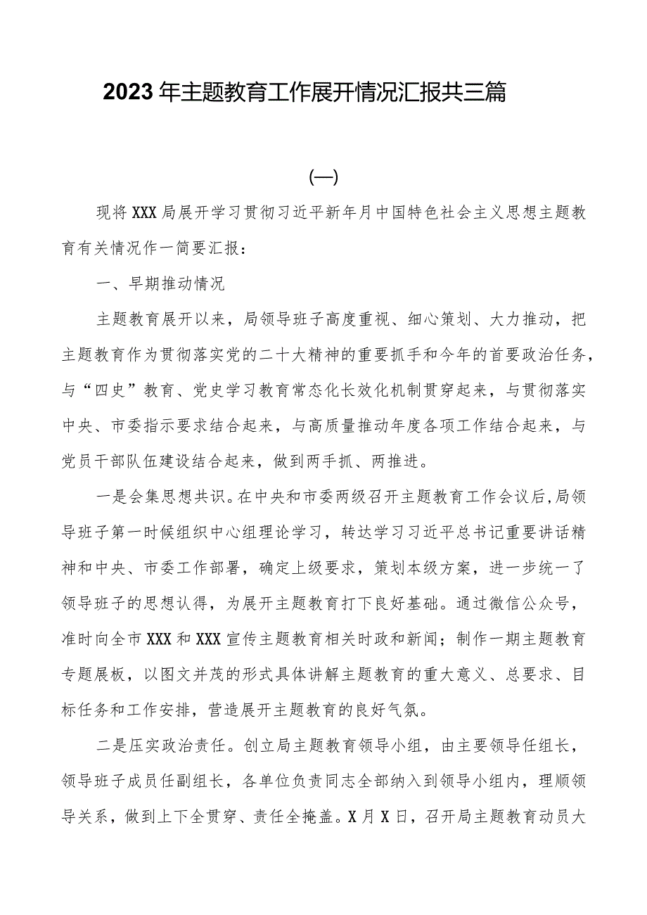 2023年主题教育工作开展情况汇报共三篇.docx_第1页